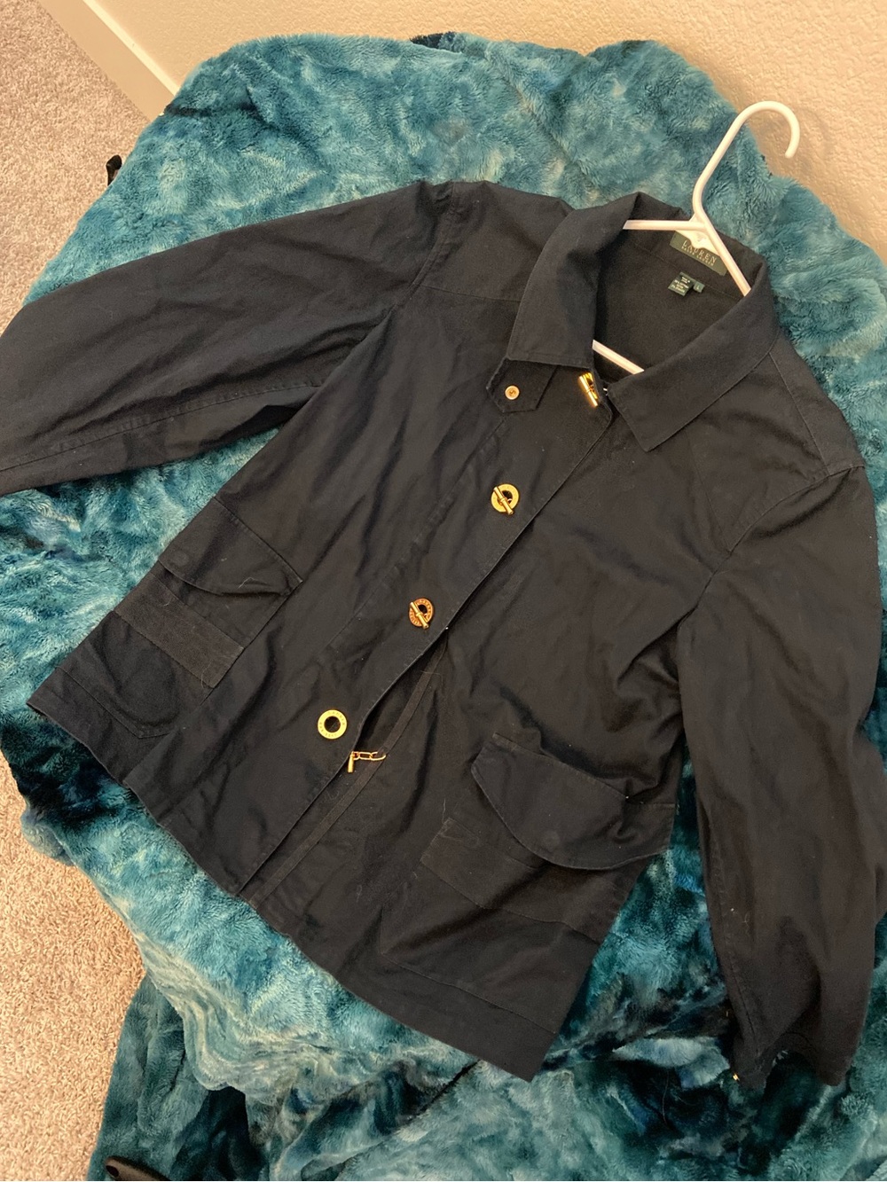 Lauren Ralph Lauren Navy Blue Snap Front Utility Jacket Gold Hardware Size large